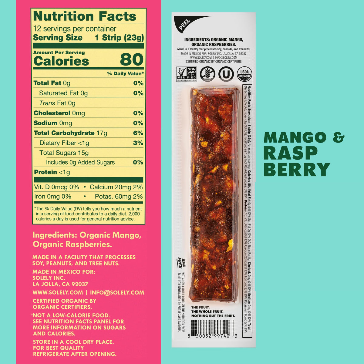 SOLELY - Organic Mango Raspberry Fruit Jerky - 5 Individually Wrapped Fruit Strips - Fruit Leather - Healthy Snacks for Adults & Kids - Non GMO, Vegan