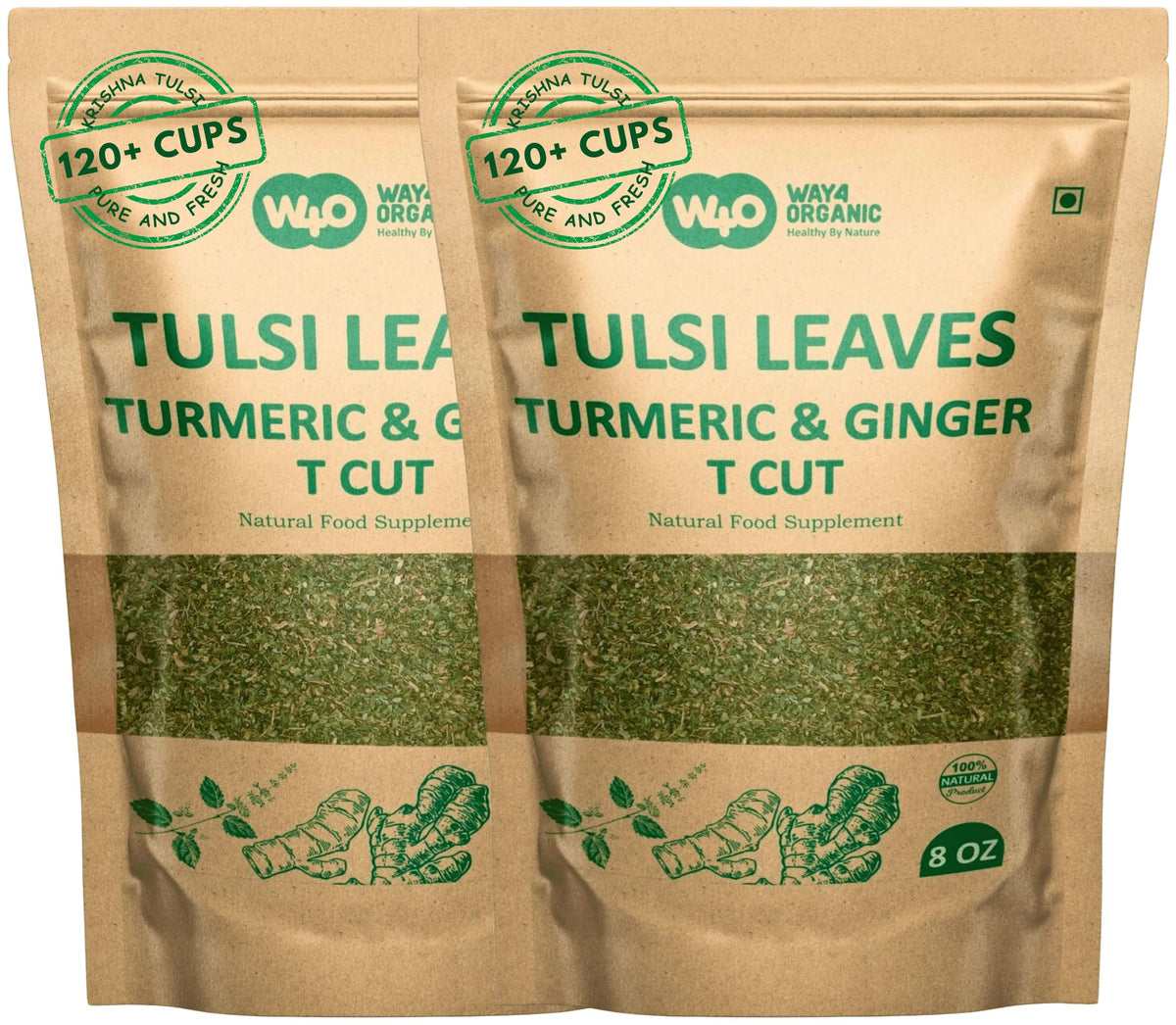 Holy Basil Tea, 8 Oz with Ginger and Turmeric, Tulsi Krishna Cut & Sifted Herbal Tea, Dried Pure Holy Basil Tulsi Leaves, Immune support with Multiple