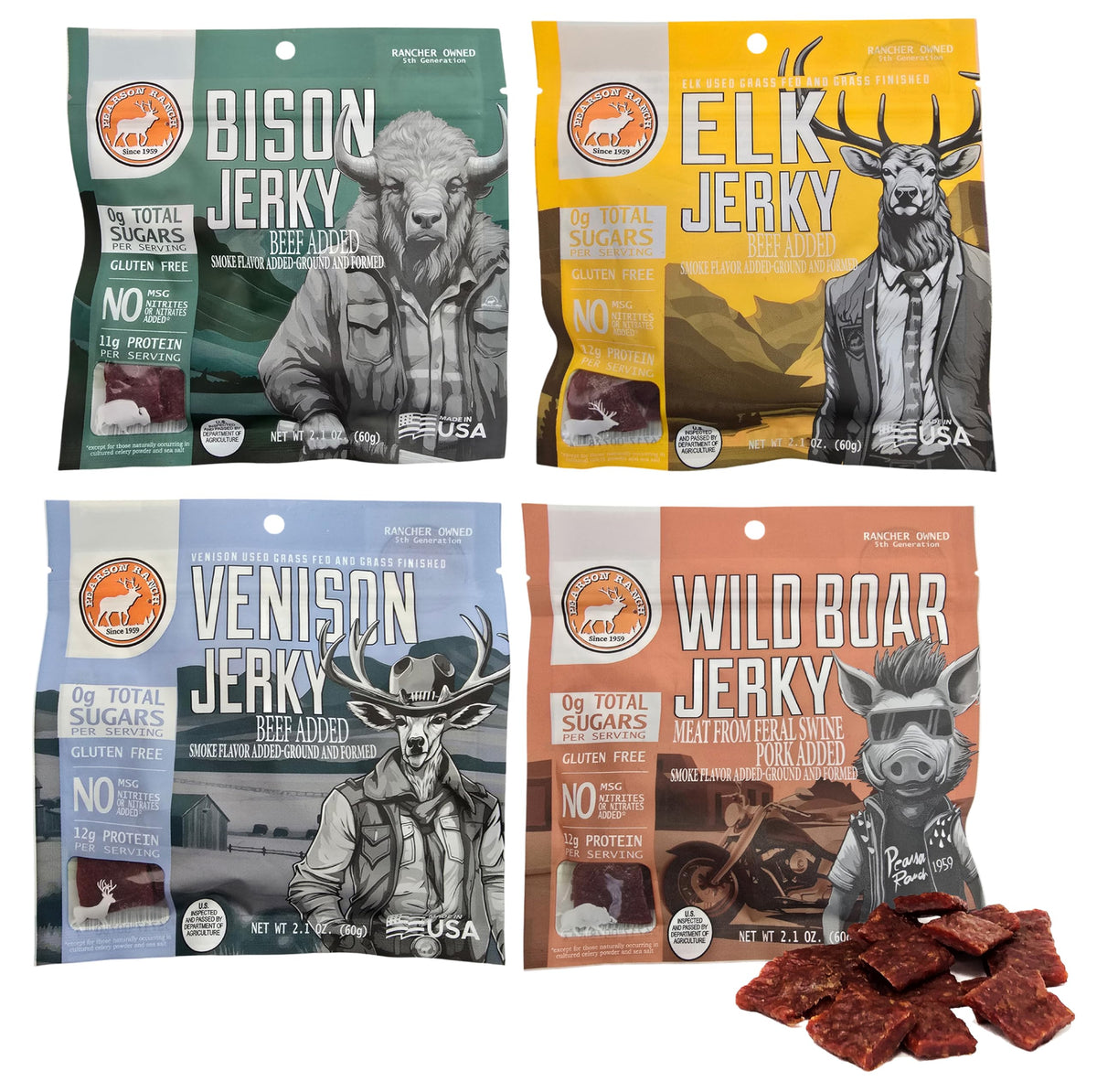 Pearson Ranch Wild Grass Fed Game Variety Pack of 4-2.1oz Bags - Venison, Elk, Buffalo, & Wild Boar - Gluten-Free, MSG-Free, Paleo and Keto Friendly