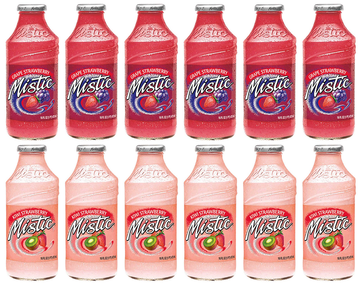 LUV-BOX Variety MISTIC JUICE DRINK pack , pack of 12 , 16 fl oz , Glass bottle , GRAPE STRAWBERRY , KIWI STRAWBERRY
