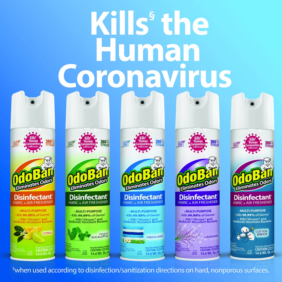 OdoBan Ready-to-Use 360-Degree Continuous Spray Disinfectant and Harsh Aroma Eliminator, Fabric and Air Freshener, 3 Pack, 14.6 Ounces Each, Lavender