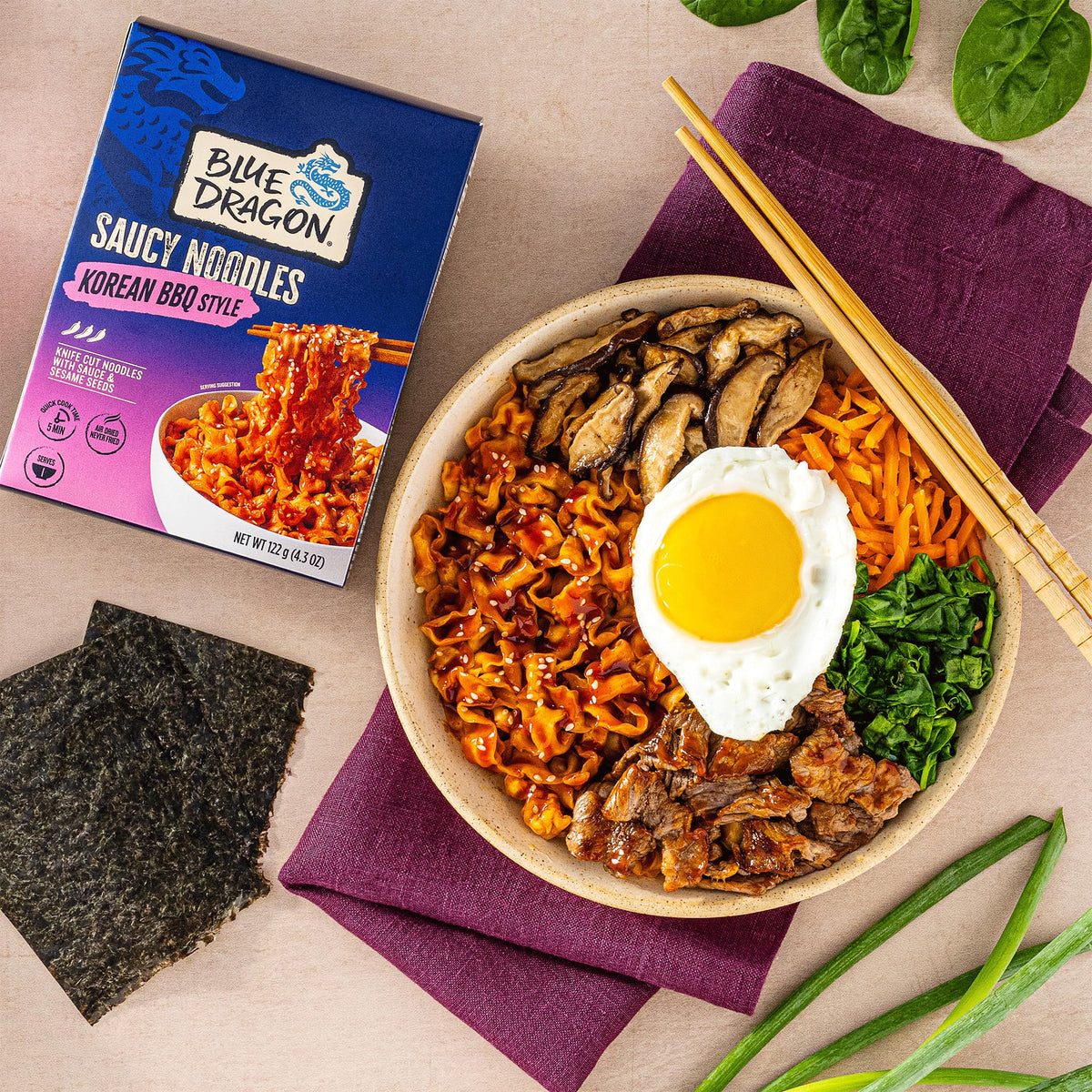 Blue Dragon Korean BBQ Saucy Noodles - 4.2oz (Pack of 3) - Knife Cut Thick Noodles w/Korean BBQ Sauce & Sesame Seed Garnish - Quick & Easy Meal