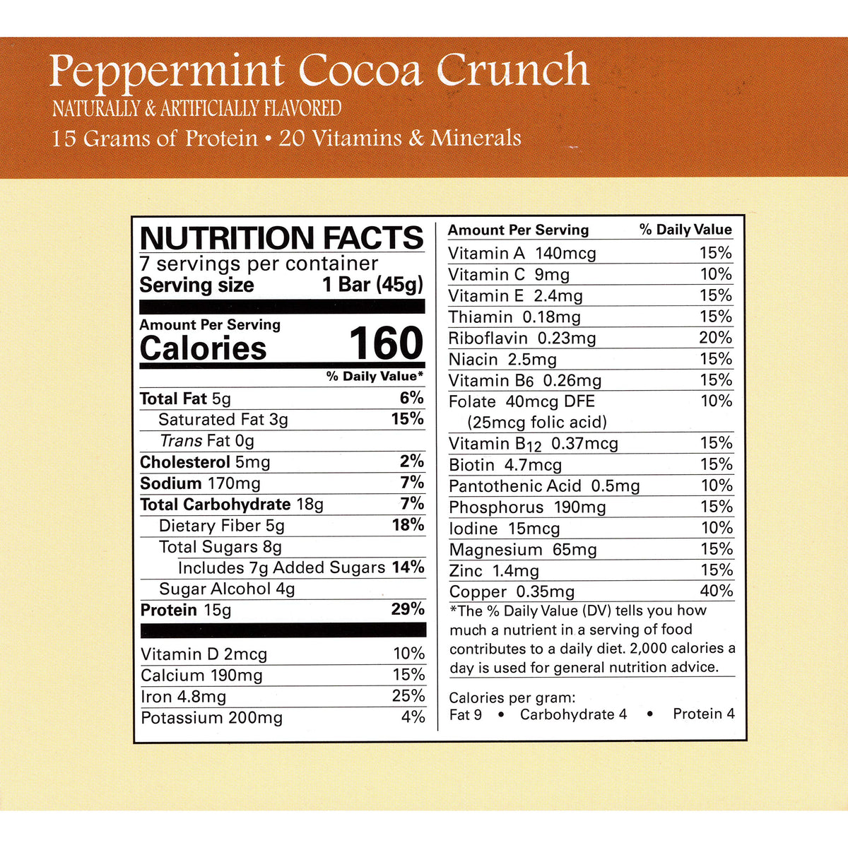 Weight Loss Systems - Meal Replacement Protein Bar - Peppermint Cocoa Crunch (7/Box) - High Protein - Low Fat - Kosher