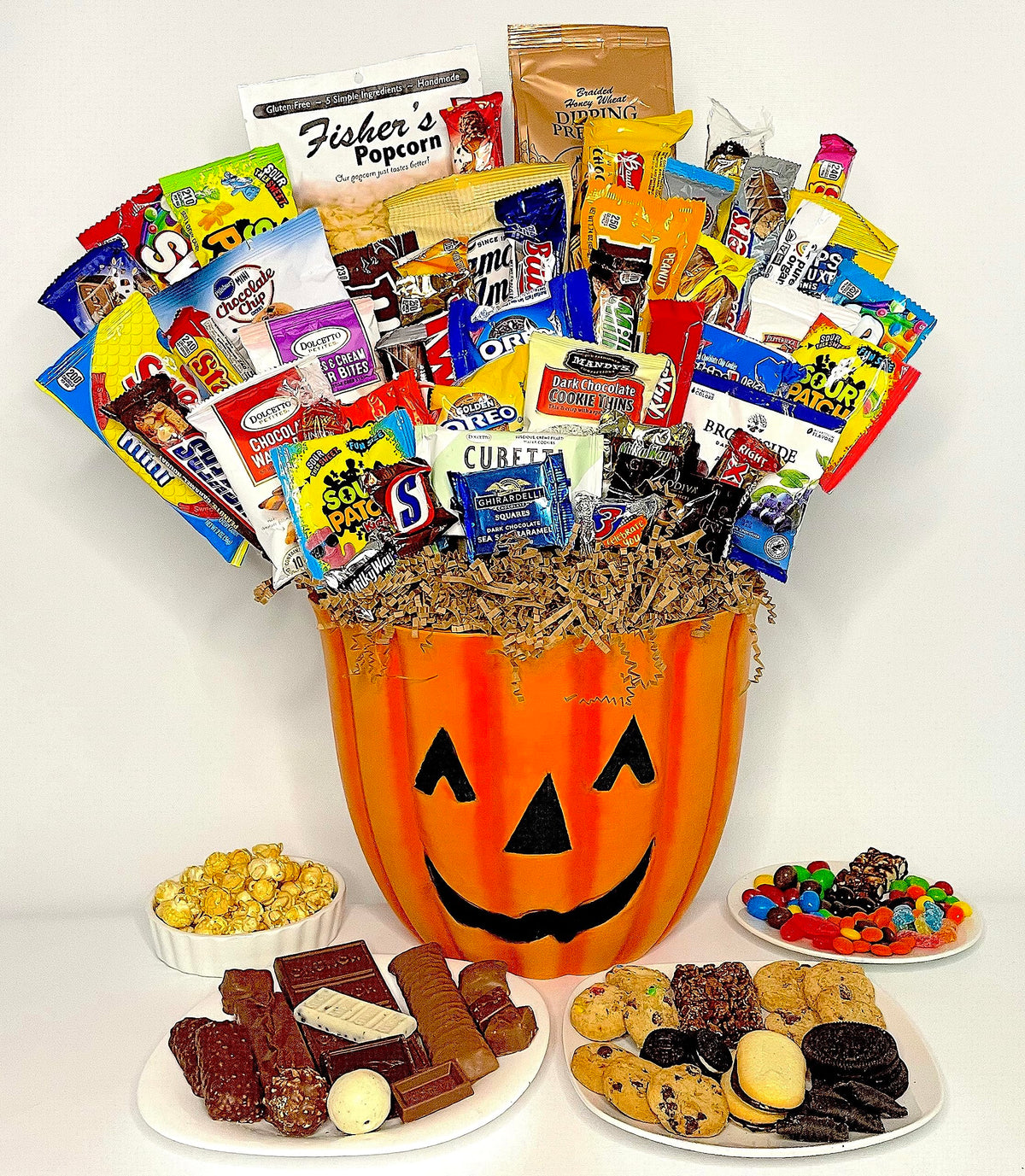 Halloween Pumpkin Gift Basket with Premium Halloween Candy, Chocolates, and Snacks. Hand-Crafted Halloween Pumpkin Candy Gift Basket for Kids