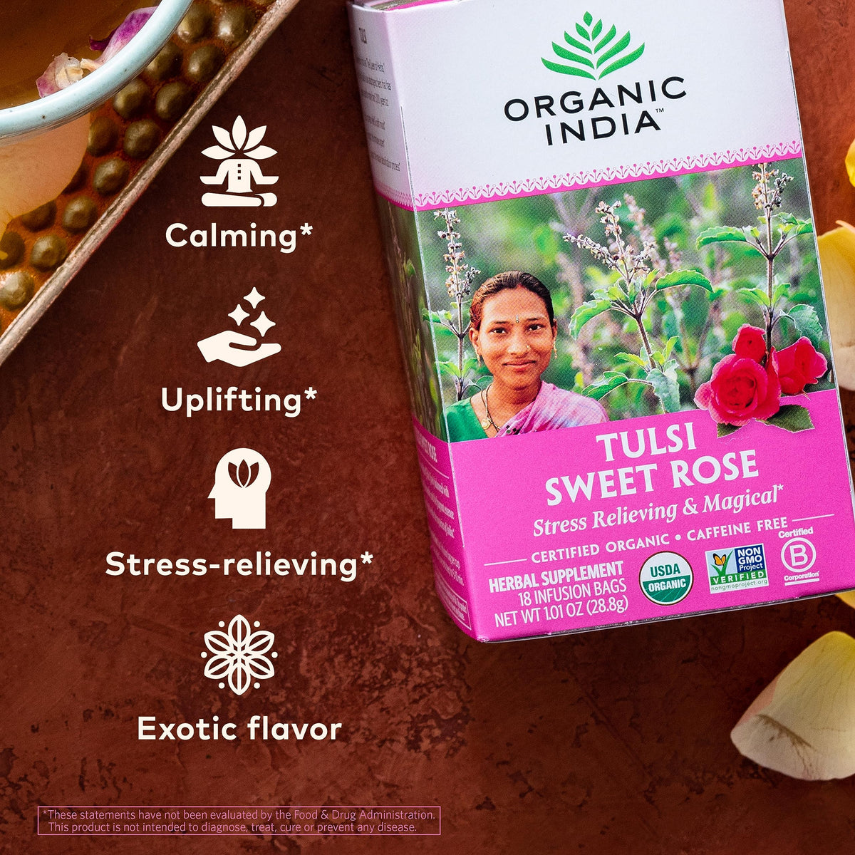 Organic India Tulsi Sweet Rose Herbal Tea - Holy Basil, Stress Relieving & Magical, Immune Support, Adaptogen, Vegan, USDA Certified Organic, Non-GMO