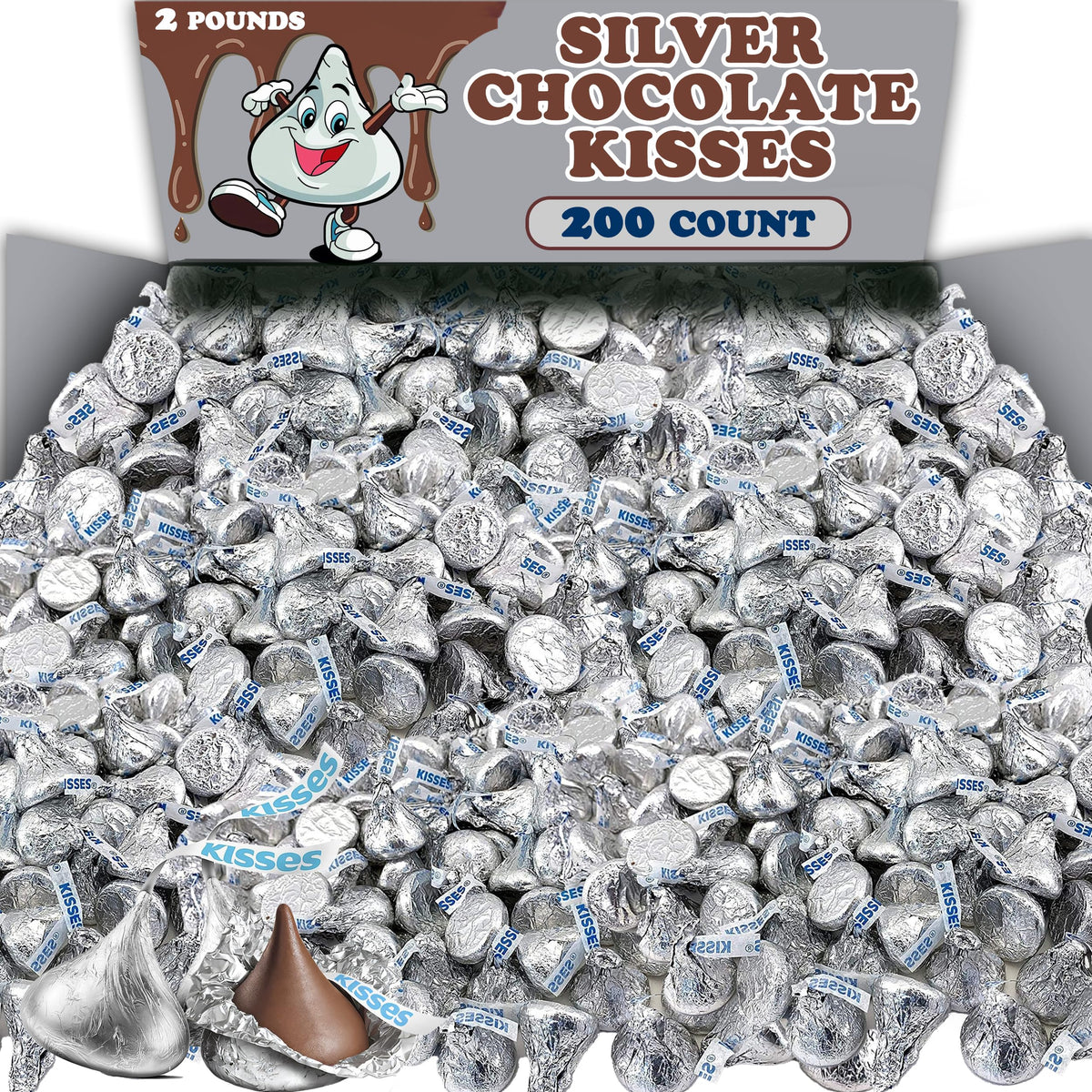 Hershey Silver Kisses Milk Chocolate Candy Bulk, 2 Lbs Silver Foil Wrapped Kisses, Individually Wrapped Party Candies, Pinata, Candy Bowls, Candy Jars
