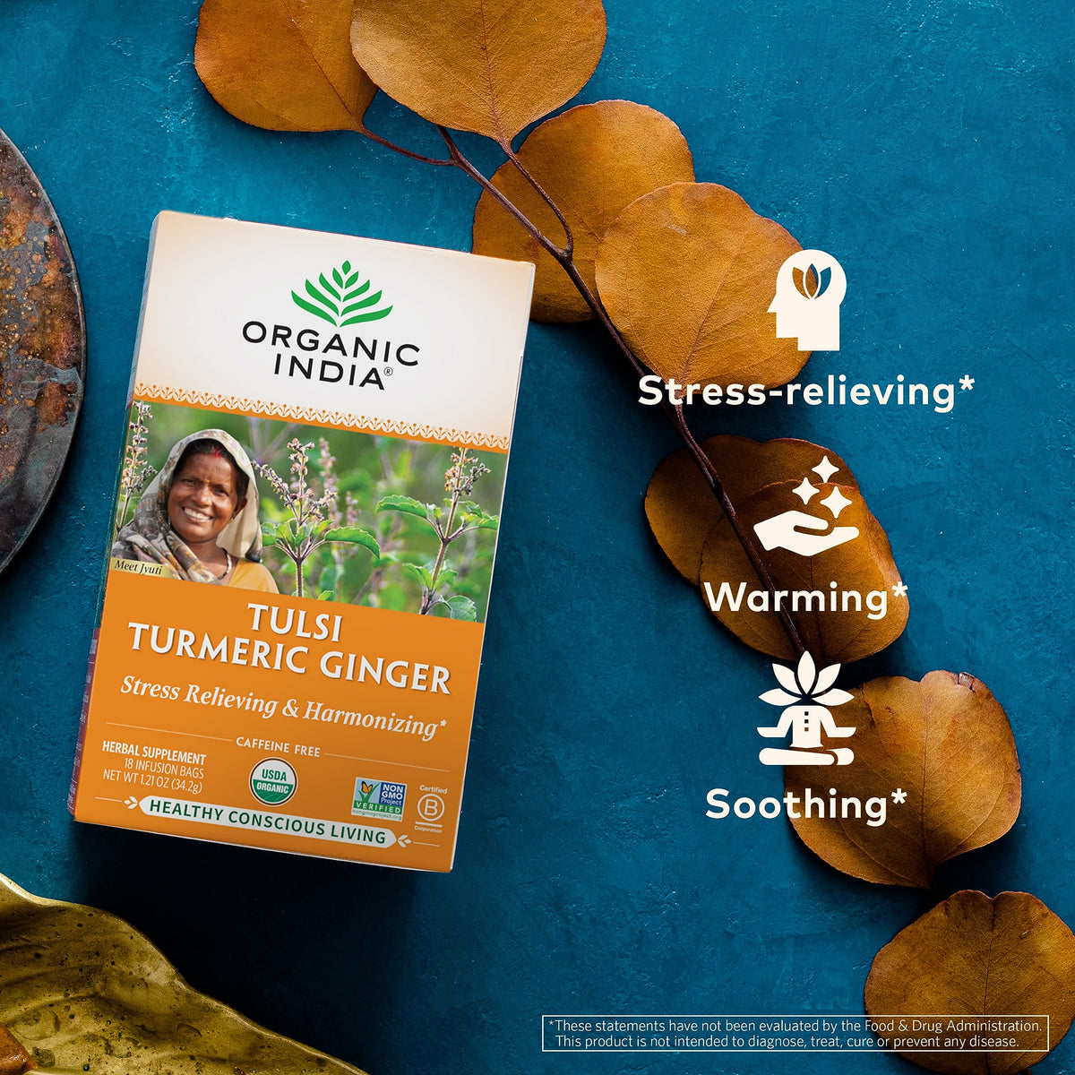 ORGANIC INDIA Tulsi Turmeric Ginger Herbal Tea - Stress Relieving & Harmonizing, Immune Support, Aids Digestion, Vegan, Caffeine-Free - 18 Infusion